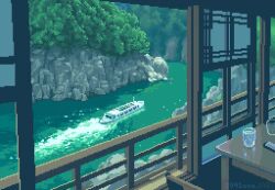 Rule 34 | animated, no humans, pixel art, river, scenery, ship, table, video, watercraft, window