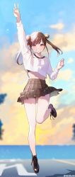 Rule 34 | 1girl, blurry, blurry background, blush, brown hair, crop top, double bun, full body, grin, hair bun, highres, idolmaster, idolmaster shiny colors, kuri choko, looking at viewer, outdoors, outstretched arm, plaid, plaid skirt, pleated skirt, shirt, skirt, smile, solo, sonoda chiyoko, standing, standing on one leg, twintails, v, white shirt