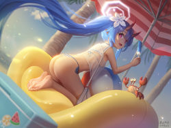 Rule 34 | animal, ass, barefoot, bikini, blue archive, blue hair, blue sky, chise (blue archive), cloud, crab, day, feet, food, halo, holding, horns, long hair, oni horns, outdoors, parasol, pink eyes, pointy ears, popsicle, red horns, sarena, side-tie bikini bottom, sky, soles, striped bikini, striped clothes, summer, swimsuit, toes, twintails, umbrella, very long hair