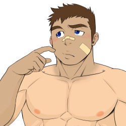 Rule 34 | 1boy, bandaid, bandaid on face, bandaid on nose, bara, blue eyes, blush, character request, commentary request, completely nude, dark-skinned male, dark skin, finger to cheek, large pectorals, long sideburns, looking away, male focus, muscular, muscular male, nipples, nude, pectorals, porkjinta, short hair, sideburns, solo, tan, tanline, thick eyebrows, tokyo houkago summoners, upper body