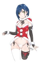 Rule 34 | 10s, asymmetrical legwear, black thighhighs, blue hair, bob cut, bow, bridal gauntlets, capelet, commentary, cowboy shot, darling in the franxx, elbow gloves, expressionless, fingerless gloves, gloves, green eyes, hair ornament, hairclip, highres, ichigo (darling in the franxx), looking to the side, midriff, mismatched legwear, panties, pom pom (clothes), relaxjon, ribbon, santa costume, short hair, side-tie panties, simple background, solo, thighhighs, underwear, white background, white thighhighs