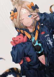 Rule 34 | 1girl, abigail williams (fate), abigail williams (traveling outfit) (fate), animal print, arm up, bandaid, bandaid on face, bandaid on forehead, black bow, black jacket, black tank top, blonde hair, blue eyes, blurry, blurry background, bow, brown background, closed mouth, commentary request, dangmill, depth of field, dutch angle, fate/grand order, fate (series), fingernails, hair bow, hair bun, jacket, long hair, long sleeves, looking at viewer, nail art, navel, hugging object, official alternate costume, open clothes, open jacket, orange bow, parted bangs, polka dot, polka dot bow, simple background, single hair bun, sleeves past fingers, sleeves past wrists, solo, stuffed animal, stuffed toy, tank top, teddy bear, tentacles, tiger print, v