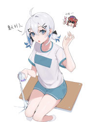 Rule 34 | 1girl, :o, absurdres, ahoge, blue shorts, bottle, breasts, bs0, character request, chibi, chibi inset, chinese text, collarbone, colored inner hair, earrings, grey hair, hair between eyes, hair ornament, hairclip, hand up, highres, holding, holding bottle, jewelry, looking at viewer, low twintails, multicolored hair, nijisanji, open mouth, shirt, short hair, short sleeves, short twintails, shorts, side slit, sidelocks, simple background, sitting, small breasts, spilling, stud earrings, translation request, twintails, virtual youtuber, virtuareal, white background, white shirt, yua (virtuareal)