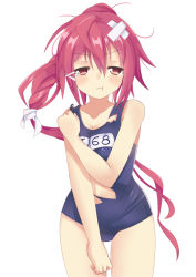 Rule 34 | 10s, 1girl, bad id, bad pixiv id, bandages, i-168 (kancolle), kantai collection, long hair, narumi midori, one-piece swimsuit, personification, ponytail, pout, red eyes, red hair, school swimsuit, solo, swimsuit, torn clothes, torn swimsuit