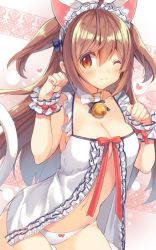 Rule 34 | 1girl, ;), ahoge, animal ears, babydoll, bell, blue bow, blush, borrowed character, bow, breasts, brown eyes, brown hair, cat ears, cat tail, cleavage, clenched hands, collar, commentary request, frills, hair between eyes, heart, jingle bell, long hair, maid headdress, navel, neck bell, one eye closed, original, p19, panties, paw pose, red bow, red ribbon, ribbon, smile, solo, tail, two side up, underwear, white panties, wrist cuffs