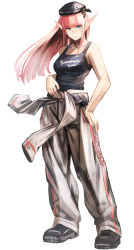 Rule 34 | 1girl, bare arms, black footwear, blue eyes, blunt bangs, closed mouth, collarbone, floating hair, grey pants, grey tank top, highres, long hair, looking at viewer, original, pants, pink hair, pointy ears, simple background, solo, sushi (sashimise), tank top, very long hair, white background