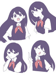 Rule 34 | 1girl, bright pupils, closed eyes, closed mouth, colored skin, doroidsan, hair behind ear, hair between eyes, hand on own face, index finger raised, long hair, looking ahead, looking at viewer, looking to the side, mari (headspace) (omori), mari (omori), multiple views, neckerchief, no pupils, omori, open mouth, purple eyes, purple hair, purple sweater vest, red neckerchief, shirt, short sleeves, sweater vest, teeth, upper body, upper teeth only, v-shaped eyebrows, white background, white pupils, white shirt, white skin