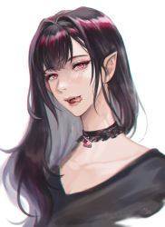 Rule 34 | 1girl, black choker, black hair, black shirt, choker, collarbone, commentary, english commentary, eyelashes, face, forked tongue, gem, hair intakes, hair over shoulder, highres, long hair, looking at viewer, mole, mole under eye, mole under mouth, noixen, open mouth, original, pointy ears, red eyes, shirt, simple background, solo, tongue, tongue out, white background