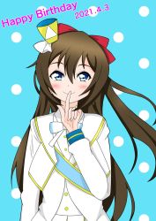 Rule 34 | 1girl, aqua background, aqua eyes, artist name, artist request, blue eyes, blue skirt, blush, bow, bowtie, breasts, brown hair, buttons, collared shirt, female focus, finger to mouth, gloves, hair between eyes, hat, high ponytail, highres, jacket, long hair, long sleeves, looking at viewer, love live!, love live! nijigasaki high school idol club, love live! school idol festival, mini hat, mini top hat, nijiiro passion!, nijiiro passions! (love live!), osaka shizuku, parted lips, ponytail, rainbow-colored passions!, red bow, shirt, shorts, shorts under skirt, skirt, small breasts, smile, solo, top hat, white bow, white gloves, white jacket, white shirt, white skirt