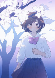 Rule 34 | 1girl, blush, bow, bowtie, branch, brown eyes, brown hair, buttons, cherry blossoms, closed mouth, collared shirt, commentary request, cowboy shot, dot nose, dress shirt, flower, looking at viewer, nahara saki, original, pink bow, pink bowtie, pink flower, plant, pleated skirt, purple skirt, sad, shade, shirt, shirt tucked in, short hair, sketch, skirt, sleeves past elbows, solo, split mouth, standing, tree, unfinished, white shirt