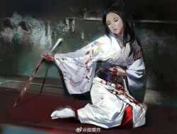 Rule 34 | 1girl, animal print, black eyes, black hair, blood, blood on clothes, blood on hands, bloody weapon, butterfly print, carpet, chinese commentary, commentary request, eyelashes, full body, half-closed eyes, hand on own stomach, highres, holding, holding sword, holding weapon, indoors, japanese clothes, katana, kimono, light frown, lips, long hair, long sleeves, looking at viewer, obi, original, parted lips, purple sash, realistic, sash, sitting, socks, solo, sword, tabi, tian (my dear), wariza, watermark, weapon, weibo logo, weibo watermark, white kimono, white sleeves, white socks, wide sleeves
