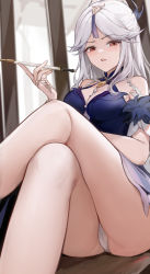 Rule 34 | 1girl, absurdres, bare legs, blue dress, breasts, crossed legs, dress, feet out of frame, genshin impact, hair ornament, hair tassel, hand up, highres, holding, holding smoking pipe, knees up, long hair, looking at viewer, medium breasts, nagata gata, ningguang (genshin impact), ningguang (orchid&#039;s evening gown) (genshin impact), official alternate costume, panties, parted bangs, parted lips, red eyes, short sleeves, silver hair, sitting, smoking pipe, solo, tassel, tassel hair ornament, underwear, white panties