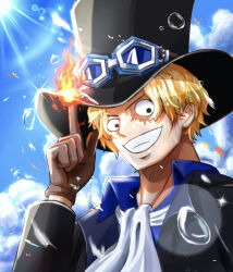 Rule 34 | 1boy, ascot, black eyes, black hat, blonde hair, brown gloves, cloud, cloudy sky, commentary request, day, fire, gloves, goggles, goggles on headwear, hat, highres, index finger raised, jvet4227, male focus, one piece, outdoors, sabo (one piece), scar, scar across eye, scar on face, short hair, sky, smile, solo, top hat, white ascot
