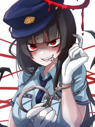 Rule 34 | 1girl, alternate costume, black hair, blood, blood halo, blue archive, blue hat, blue necktie, blue shirt, blush, collared shirt, cuffs, gloves, halo, handcuffs, hat, highres, holding, holding handcuffs, key in mouth, komena (shinyday312), liquid halo, long hair, looking at viewer, mouth hold, necktie, police, police hat, police uniform, policewoman, red eyes, red halo, shirt, solo, tsurugi (blue archive), uniform, white gloves, wings