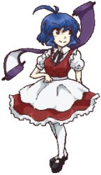 Rule 34 | 1girl, antenna hair, blue hair, dress, full body, lenk64, looking away, lowres, mary janes, nansei project, non-web source, pantyhose, pixel art, puffy short sleeves, puffy sleeves, red dress, red eyes, ribbon, sakka kira, scroll, self-upload, shoes, short hair, short sleeves, smile, solo, standing, transparent background, white pantyhose