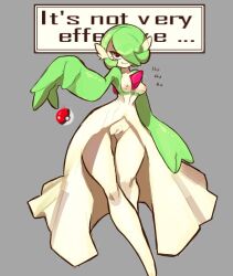 Rule 34 | 1girl, arm up, breasts, breasts out, cleft of venus, creatures (company), dress, game freak, gardevoir, gen 3 pokemon, gluteal fold, green hair, grey background, groin, hair over one eye, legs, looking at viewer, nintendo, nipples, no panties, open clothes, open dress, pale skin, poke ball, pokemon, pokemon (creature), pussy, red eyes, short hair, simple background, slurp nsfw, small breasts, smile, solo, thigh gap, thighs, white dress
