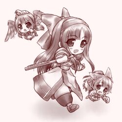 Rule 34 | 3girls, ainu clothes, animal ears, bird wings, breasts, character name, claws, clenched hand, fingerless gloves, gloves, hair ribbon, highres, legs, long hair, looking at viewer, monochrome, multiple girls, nakoruru, open mouth, pants, ponytail, ribbon, samurai spirits, small breasts, smile, snk, tail, the king of fighters, thighs, weapon, wings, wolf ears, wolf tail