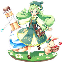 Rule 34 | 1girl, :d, aikei ake, animal, apron, bad id, bad pixiv id, basket, beret, blush, brown footwear, collared shirt, commentary request, dress, flask, flower, full body, green dress, green eyes, green hair, green hat, green ribbon, green shirt, hair flower, hair ornament, hat, highres, holding, holding basket, long sleeves, looking at viewer, neck ribbon, open mouth, original, puffy long sleeves, puffy sleeves, rabbit, red apron, ribbon, round-bottom flask, shirt, shoes, simple background, sleeveless, sleeveless dress, smile, solo, standing, standing on one leg, white background, white flower