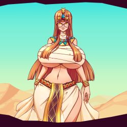 Rule 34 | 1girl, alternate body size, alternate breast size, breasts, cleavage, covered erect nipples, curvy, egyptian clothes, female focus, glasses, huge breasts, long hair, n647, narrow waist, orange hair, persona, persona 5, sakura futaba, shadow (persona), solo, standing, thick thighs, thighs, underboob, wide hips, yellow eyes