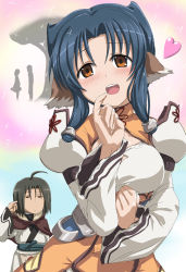 Rule 34 | 1boy, 1girl, ahoge, ainu clothes, animal ears, aquaplus, arms up, atuy, blue hair, blush, breasts, brown hair, cleavage, cleavage cutout, closed mouth, clothing cutout, finger to mouth, haku (utawarerumono), head tilt, heart, hood, hood down, large breasts, long sleeves, open mouth, orange eyes, parted bangs, puffy sleeves, raised eyebrows, shirosame, short hair with long locks, teeth, tongue, upper body, utawarerumono, utawarerumono: itsuwari no kamen, wide sleeves