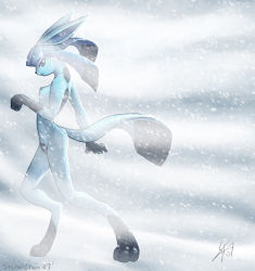 Rule 34 | 1girl, blue eyes, blue theme, breasts, colored skin, creatures (company), female pubic hair, furry, furry female, game freak, gen 4 pokemon, glaceon, monochrome, multicolored skin, nintendo, nipples, no humans, nude, pokemon, pokemon (creature), pubic hair, snow, solo, standing, tail, third-party source, two-tone skin