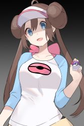 Rule 34 | 1girl, blue eyes, bow, breasts, bright pupils, brown hair, collarbone, commentary request, creatures (company), double bun, game freak, gradient background, hair bun, hand up, highres, holding, holding poke ball, long hair, looking at viewer, master ball, nintendo, open mouth, pink bow, poke ball, pokemon, pokemon bw2, raglan sleeves, ririmon, rosa (pokemon), shirt, shorts, sidelocks, sleeves past elbows, smile, solo, twintails, upper body, visor cap, yellow shorts