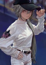 Rule 34 | 1girl, baseball cap, baseball uniform, belt, black belt, black hat, blurry, blurry background, closed mouth, cowboy shot, depth of field, feiqizi (fkey), fkey, grey hair, hair over one eye, hand up, hat, highres, long hair, looking at viewer, original, pants, red eyes, shirt, signature, sleeves past wrists, solo, sportswear, standing, very long hair, white pants, white shirt
