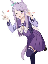 Rule 34 | 1girl, absurdres, acaa, animal ears, blush, bow, bowtie, ear bow, fox shadow puppet, hands up, heart, highres, horse ears, horse girl, horse tail, long hair, long sleeves, mejiro mcqueen (umamusume), one eye closed, open mouth, purple hair, purple shirt, purple skirt, purple thighhighs, round teeth, sailor collar, school uniform, shirt, simple background, skirt, smile, solo, standing, standing on one leg, tail, teeth, thighhighs, tracen school uniform, umamusume, upper teeth only, white background