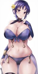 Rule 34 | 1girl, bare shoulders, bikini, blue bikini, breasts, cleavage, curvy, earrings, elbow gloves, fire emblem, fire emblem: the blazing blade, fire emblem heroes, flower, gloves, gluteal fold, hair flower, hair ornament, highres, huge breasts, jewelry, looking at viewer, nail polish, nintendo, official alternate costume, purple eyes, purple hair, short hair, smile, solo, swimsuit, thighs, ursula (fire emblem), yui (msy1302mana)