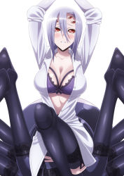 Rule 34 | 10s, 1girl, absurdres, arachne, arms up, arthropod girl, blouse, blush, bra, breasts, carapace, cleavage, collarbone, cowboy shot, extra eyes, eyes visible through hair, garter straps, hair between eyes, hair over one eye, highres, insect girl, large breasts, light purple hair, md5 mismatch, monster girl, monster musume no iru nichijou, multiple legs, official art, open clothes, open shirt, parted lips, rachnera arachnera, red eyes, resized, shirt, short hair, simple background, solo, spider girl, standing, stretching, taur, underwear, upscaled, white background