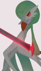 Rule 34 | 1girl, bob cut, colored skin, creatures (company), female focus, flat chest, game freak, gardevoir, gen 3 pokemon, glowing, glowing weapon, green hair, green skin, grey background, hair over one eye, highres, holding, holding sword, holding weapon, horezai, legs, looking at viewer, multicolored skin, nintendo, one eye covered, pokemon, pokemon (creature), red eyes, shiny skin, short hair, simple background, solo, standing, sword, thighs, two-tone skin, weapon, white skin
