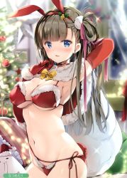 Rule 34 | 1girl, absurdres, animal ears, arm behind head, arm up, armpits, artist name, bikini, blue eyes, blurry, blush, bokeh, bow, bow bikini, breasts, brown hair, rabbit ears, capelet, choker, christmas, christmas tree, cleavage, depth of field, elbow gloves, fake animal ears, fur-trimmed bikini, fur collar, fur trim, gloves, groin, hair ornament, hair ribbon, hairband, hand up, hat, highres, long hair, looking at viewer, medium breasts, natsume eri, navel, non-web source, original, parted lips, pink bow, red bikini, red gloves, ribbon, santa bikini, santa hat, side-tie bikini bottom, solo, stomach, swimsuit, underboob, upper body, yellow bow