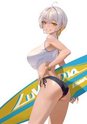 Rule 34 | 1girl, ahoge, ass, bangle, bare arms, bare shoulders, bikini, bikini bottom only, black bikini, blonde hair, bracelet, breasts, commentary, cowboy shot, crop top, earrings, english commentary, fingernails, from side, gradient hair, grey hair, grin, hair between eyes, hand on own hip, highres, holding, holding surfboard, hongcasso, hoop earrings, jewelry, large breasts, long fingernails, looking at viewer, luvdia, multicolored hair, nail polish, park dona, pink nails, ring, shirt, short hair, side-tie bikini bottom, simple background, sleeveless, sleeveless shirt, smile, solo, standing, streaked hair, surfboard, swimsuit, turning head, two-tone hair, virtual youtuber, white background, white shirt, yellow eyes