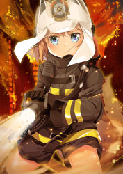Rule 34 | 1girl, animal ears helmet, arknights, black gloves, black jacket, black shorts, blue eyes, brown hair, commentary, cosplay, cowboy shot, fire, fire helmet, firefighter, firefighter jacket, gloves, hachijou (kancolle), helmet, highres, holding, holding hose, hose, jacket, kantai collection, light particles, long sleeves, looking at viewer, oxygen tank, shaw (arknights), shaw (arknights) (cosplay), short hair, short shorts, shorts, sidelocks, solo, standing, standing on one leg, yasume yukito