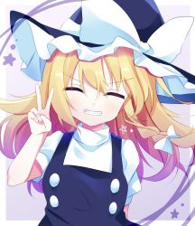 Rule 34 | 1girl, black dress, black hat, blonde hair, blush, bow, braid, breasts, buttons, chibi, closed eyes, closed mouth, dress, eyes visible through hair, frills, gradient background, hair between eyes, hair bow, hand up, hat, hat bow, kirisame marisa, kujoo, kujou mikuru, medium breasts, medium hair, one-hour drawing challenge, puffy short sleeves, puffy sleeves, purple background, shirt, short sleeves, single braid, smile, solo, star (symbol), teeth, touhou, upper body, v, white bow, white shirt, witch hat
