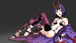 Rule 34 | 1girl, absurdres, bare shoulders, barefoot, barefoot sandals (jewelry), bob cut, breasts, fate/grand order, fate (series), feet, fuuko chan, gradient background, headpiece, highres, horns, japanese clothes, kimono, navel, open clothes, open kimono, purple eyes, purple hair, revealing clothes, short eyebrows, shuten douji (fate), skin-covered horns, small breasts, solo, toes