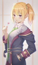 Rule 34 | 1girl, black coat, blonde hair, blush, breasts, candy, chloe (princess connect!), choker, coat, commentary, elf, food, hand in pocket, highres, holding, holding candy, holding food, holding lollipop, lollipop, looking at viewer, medium breasts, medium hair, mimori (mimori 05), open clothes, open coat, open mouth, pointy ears, princess connect!, purple eyes, school uniform, solo, st. theresa&#039;s girls academy school uniform, twintails