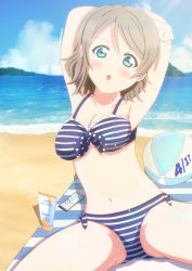 Rule 34 | 1girl, :o, aqua eyes, arm over head, artist name, artist request, ball, bare legs, bare shoulders, beach, beachball, bikini, blue bikini, blue eyes, blue skirt, blue sky, blush, breasts, brown hair, cellphone, cleavage, cloud, collarbone, day, female focus, grey hair, hair between eyes, hand over head, highres, light brown hair, looking at viewer, love live!, love live! school idol festival, love live! school idol festival all stars, love live! sunshine!!, medium breasts, mountain, ocean, outdoors, phone, short hair, skirt, sky, solo, stretching, striped bikini, striped clothes, swimsuit, watanabe you
