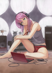Rule 34 | 1girl, barefoot, blush, breasts, camisole, commentary request, computer, headphones, highres, indoors, laptop, long hair, looking at viewer, micro shorts, moon, original, panties, parted lips, pink hair, shorts, sitting, solo, speaker, strap slip, tantaka, thighs, underwear