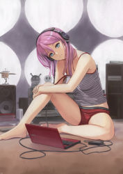 1girl barefoot blush breasts camisole commentary_request computer headphones highres indoors laptop long_hair looking_at_viewer micro_shorts moon original panties parted_lips pink_hair shorts sitting solo speaker strap_slip tantaka thighs underwear