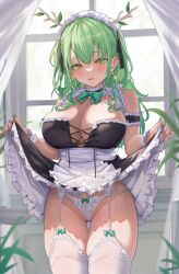 Rule 34 | 1girl, antlers, archinoer, blush, branch, breasts, ceres fauna, cleavage, clothes lift, flower, garter belt, green hair, green nails, hair flower, hair ornament, highres, hololive, hololive english, large breasts, lifted by self, lingerie, long hair, looking at viewer, maid, maid headdress, mole, mole under eye, panties, solo, thighhighs, underwear, virtual youtuber, white panties, wrist cuffs, yellow eyes