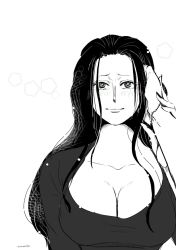 Rule 34 | 1girl, black hair, breasts, cleavage, female focus, large breasts, long hair, monochrome, nico robin, one piece, sideboob, simple background, smile, solo, white background