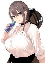 Rule 34 | 1girl, absurdres, bottle, breasts, brown eyes, brown hair, choker, collared shirt, commentary request, dress shirt, earrings, gen (black factory), hair between eyes, helmet, highres, holding, holding bottle, jewelry, large breasts, looking at viewer, looking to the side, original, parted lips, shirt, short hair, single sidelock, sleeves rolled up, solo, tied sweater, upper body, white shirt