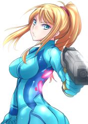 Rule 34 | 1girl, aiming, aiming at viewer, ass, blonde hair, blue eyes, bodysuit, breasts, covered erect nipples, gun, holding, holding gun, holding weapon, kitayama miuki, large breasts, long hair, looking at viewer, metroid, mole, mole under mouth, nintendo, ponytail, samus aran, simple background, solo, weapon, white background, zero suit