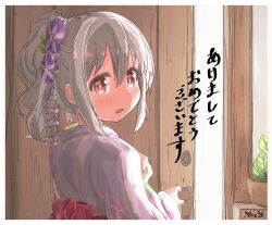 Rule 34 | 1boy, alternate costume, alternate hairstyle, brown eyes, commentary, door, from behind, grey hair, hair between eyes, highres, japanese clothes, kimono, long sleeves, looking at viewer, looking back, male focus, onii-chan wa oshimai!, open mouth, opening door, pink kimono, plant, ponkichi5001, ponytail, potted plant, senkawa minato, solo, trap, wavy hair, wide sleeves