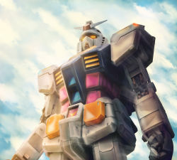 Rule 34 | absurdres, adrianocadau, cloud, cloudy sky, commentary, damaged, dirty, earth federation, english commentary, fog, glowing, glowing eyes, gun, gundam, highres, light, light rays, machine gun, machinery, mecha, mobile suit, mobile suit gundam, realistic, robot, rx-78-2, science fiction, sky, solo, upper body, weapon
