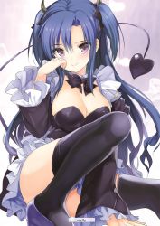 Rule 34 | 10s, 1girl, alice or alice, artist name, between legs, black bow, black bowtie, black skirt, black thighhighs, blue hair, bow, bowtie, breasts, cleavage, demon tail, detached sleeves, emily (pure dream), floating hair, frilled skirt, frills, hair between eyes, hair bow, hand between legs, high heels, highres, horns, large breasts, long hair, looking at viewer, miniskirt, pumps, purple eyes, purple footwear, skirt, smile, solo, strapless, tail, thighhighs, very long hair, yamiri (alice or alice)