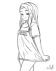 Rule 34 | absurdres, bottomless, breasts, clothes pull, cowboy shot, crossed legs, flatculture, half-closed eyes, highres, idolmaster, idolmaster (classic), long hair, looking at viewer, meme, meme attire, minase iori, monochrome, oversized clothes, oversized shirt, shirt, sketch, small breasts, standing