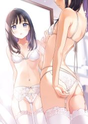 Rule 34 | 1girl, ass, back, black hair, blurry, blurry background, bra, breasts, collarbone, commentary request, garter belt, garter straps, gluteal fold, highres, lace, lace-trimmed legwear, lace trim, lingerie, long hair, matsuzaki miyuki, mirror, original, parted lips, purple eyes, reflection, shoulder blades, small breasts, standing, thigh gap, thighhighs, thighs, underwear, underwear only, white bra, white thighhighs