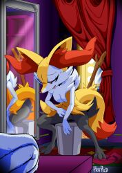 Rule 34 | 1girl, animal ear fluff, animal ears, animal feet, animal hands, animal nose, artist name, black fur, body fur, braixen, cleft of venus, commission, creatures (company), curtains, dressing room, feet, female focus, flat chest, fox ears, fox girl, fox tail, full body, furry, furry female, game freak, gen 6 pokemon, half-closed eyes, have to pee, highres, indoors, mirror, multicolored fur, multiple views, neck fur, nervous, nintendo, open mouth, pokemon, pokemon (creature), pussy, red eyes, reflection, rockthebull, signature, snout, spread legs, squatting, stick, sweat, tail, towel, trash can, white fur, yellow fur